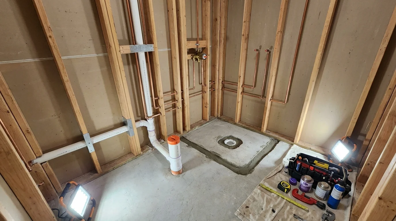 Bathroom rough-in plumbing during remodel by Johns Plumbing LLC in Orford