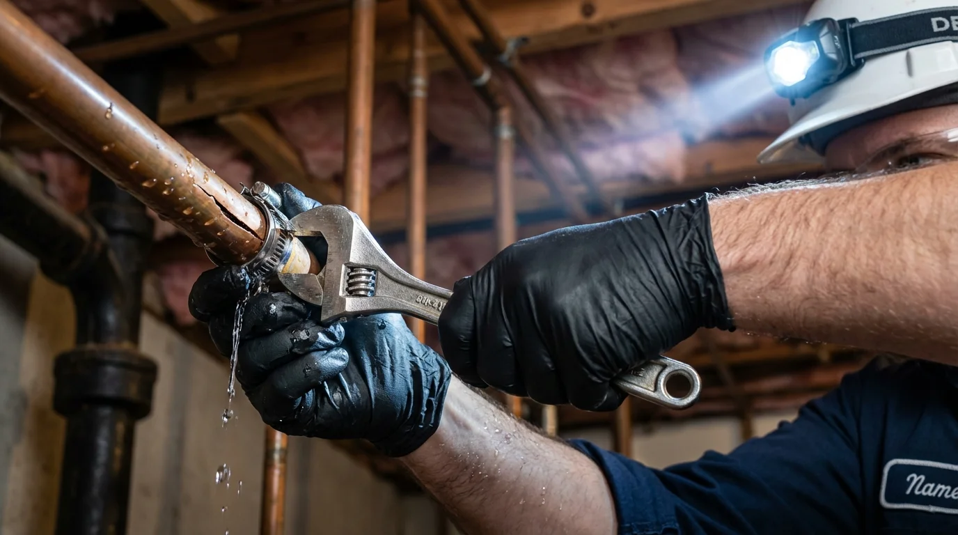 Emergency pipe clamp repair being performed by a Johns Plumbing LLC plumber in Orford