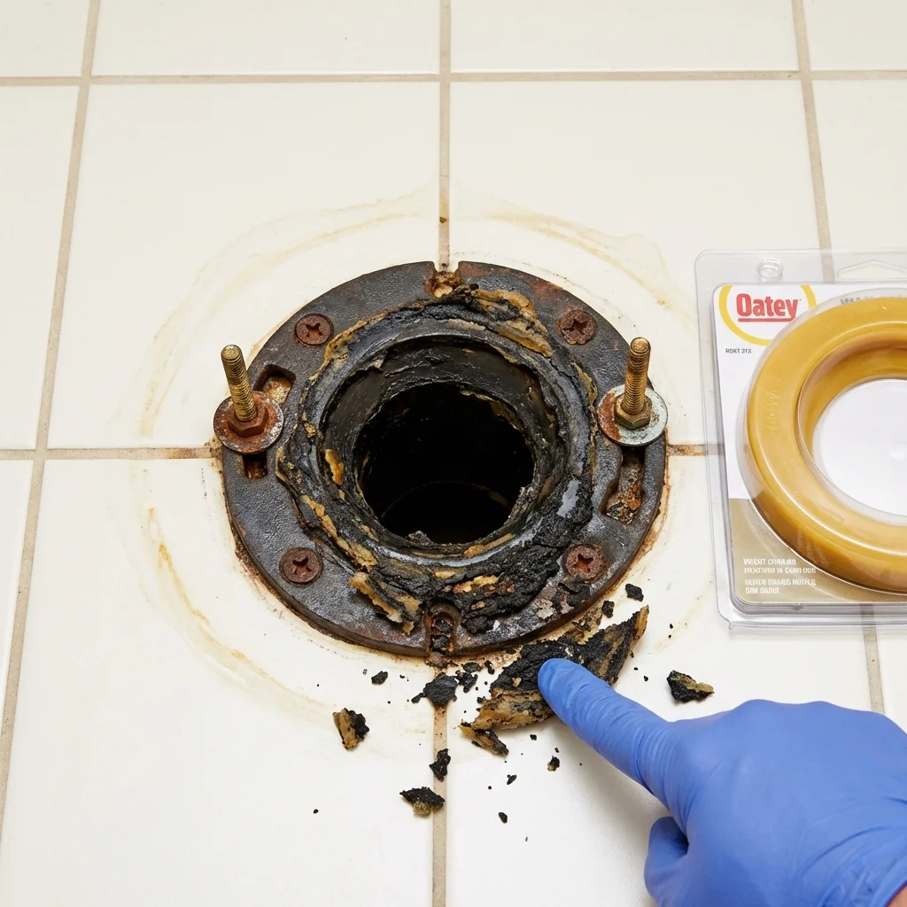 Failed wax ring showing water seepage at the base of a toilet in a Orford, NH home