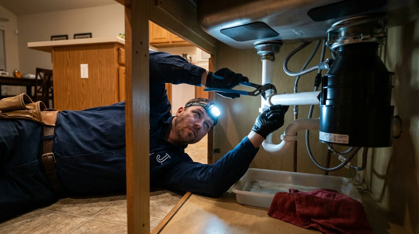 P-trap and supply line connections under a kitchen sink showing a common leak point in Orford, NH